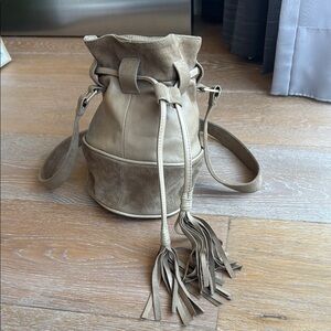 Tan Suede Bucket Bag with Drawstring Closure
